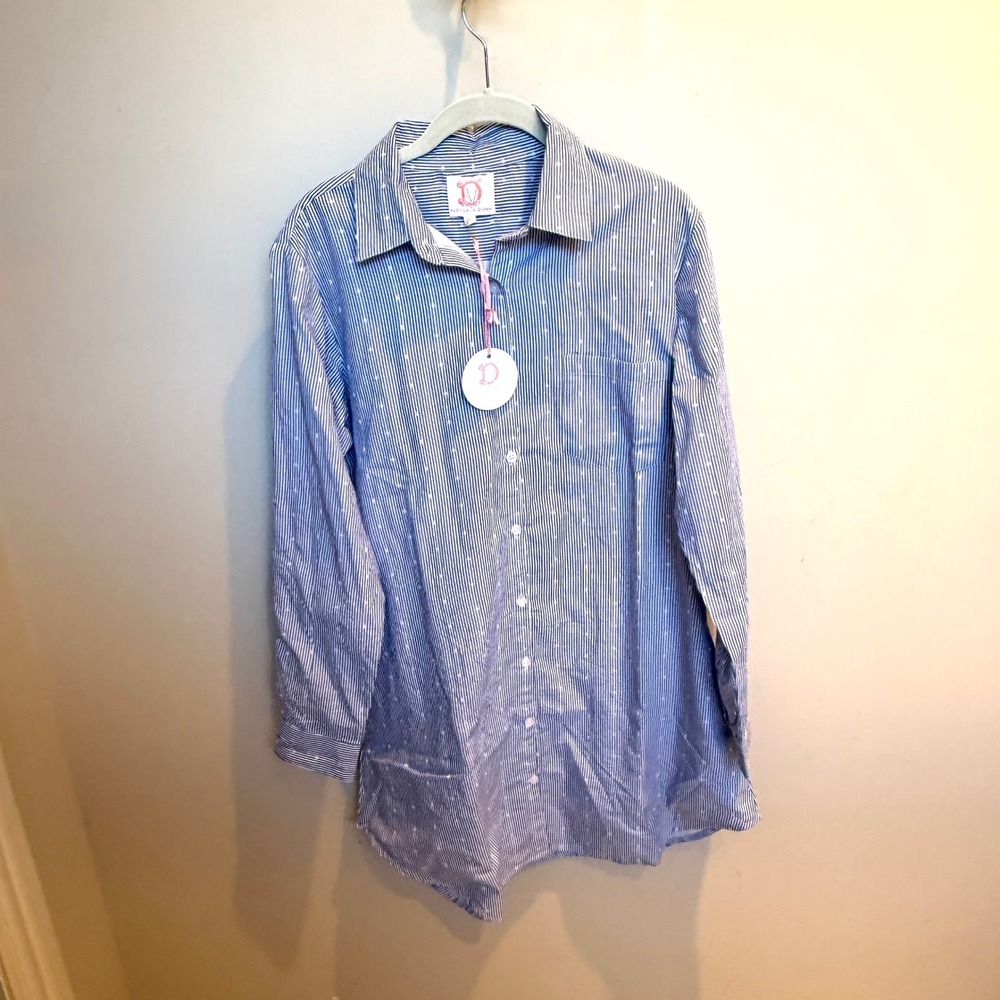 Victoria Dunn Blue White Striped Dobby Dot Cotton Tunic Shirt Womens Medium NWT